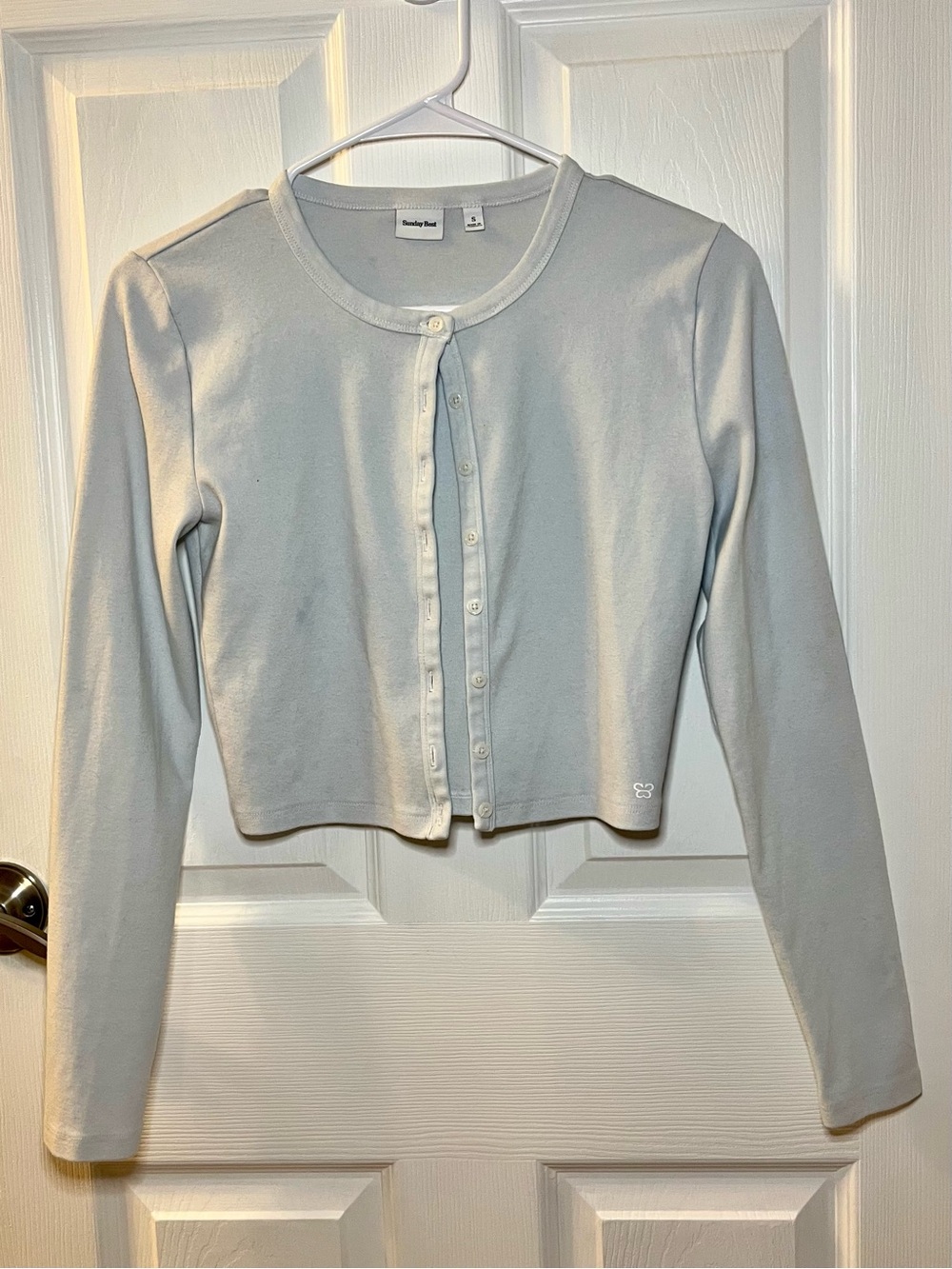 Aritzia Sunday Best Little Ribbed Cropped Cardigan Light Blue Small